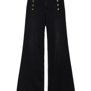 Jeans wide leg in denim nero con bottoni logati