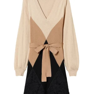 Abito corto nero e beige in maglia misto lana con pizzo