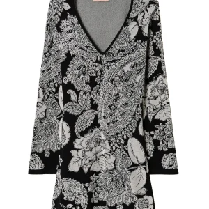 Abito corto in maglia bianco e nero jacquard cashmere e rose