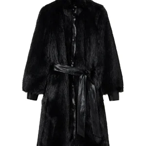 Cappotto nero in faux fur con cintura