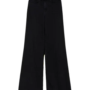 Jeans wide leg nero in denim di cotone stretch con cintura