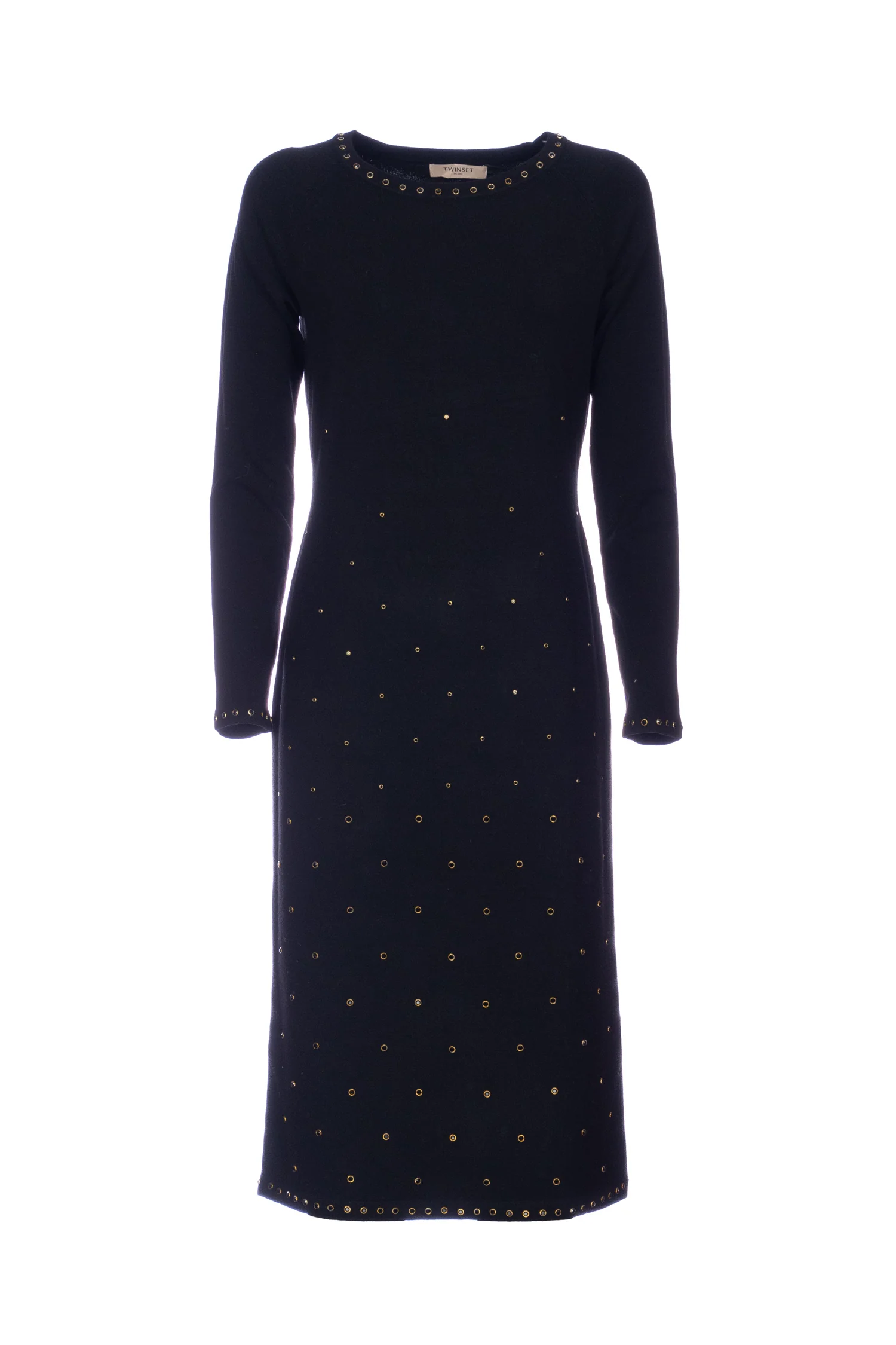 Abito longuette nero in maglia con borchie
