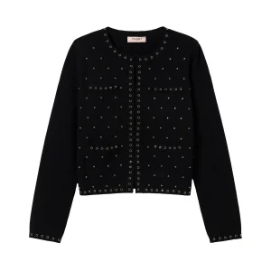 Giacca coreana nera in maglia con borchie