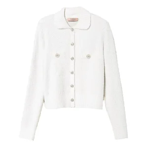 Giacca corta bianco neve in maglia jacquard piquet