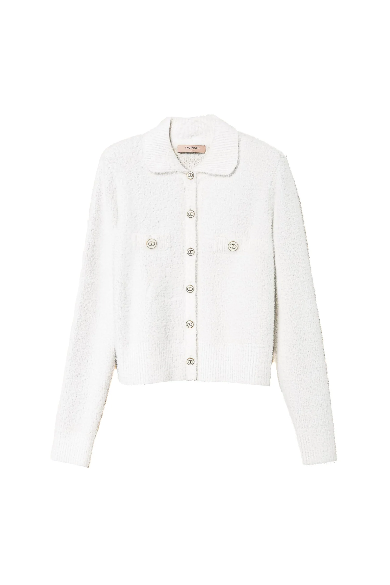 Giacca corta bianco neve in maglia jacquard piquet