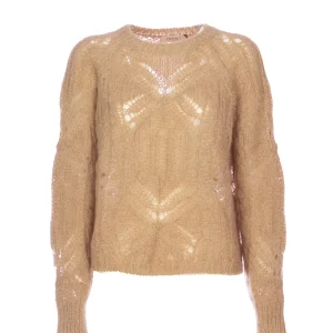 Maglia traforata cammello in misto mohair e alpaca