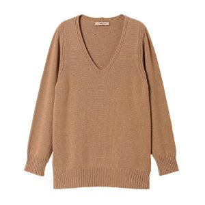 Maxi maglia marrone in cashmere a coste piazzate e scollo a V