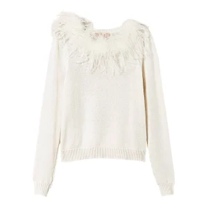 Maglia regular bianco neve in misto lana con piume