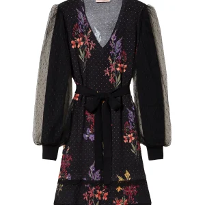 Abito corto nero in maglia con stampa a fiori e pois con maniche in tulle