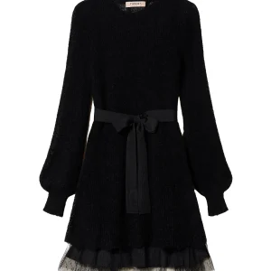 Abito corto nero in misto mohair con sottoveste