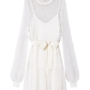 Abito corto bianco neve in misto mohair con sottoveste