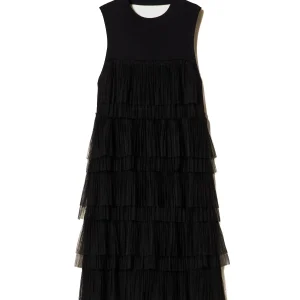 Abito corto nero in maglia con balze in tulle