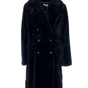 Giacca regular lunga doppiopetto nera in ecopelliccia