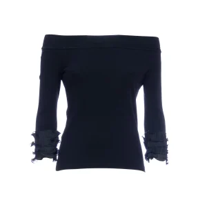 Top regular nero in jersey di cotone stretch con scollo a barca