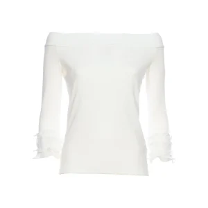 Top regular bianco in jersey di cotone stretch con scollo a barca