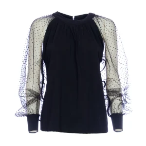 Top slim nero in cotone stretch con maniche lunghe in tulle