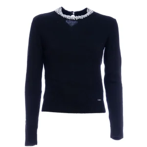 Maglia regular nera in misto lana con applicazioni