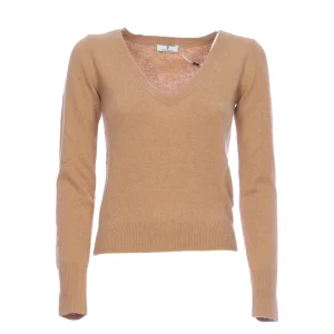 Maglia slim cammello in misto lana con scollo a V profondo