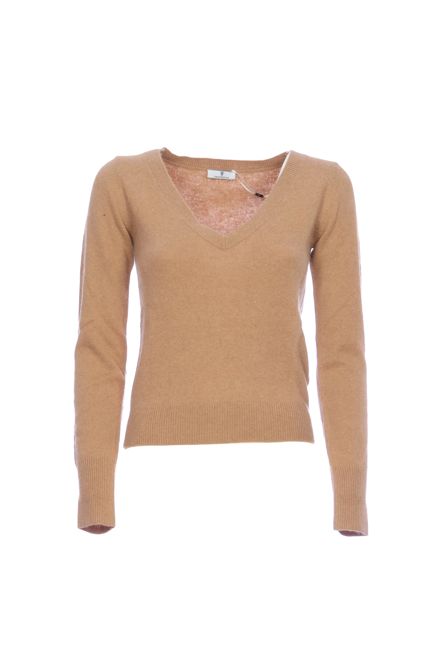 Maglia slim cammello in misto lana con scollo a V profondo - immagine 2