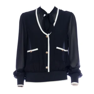 Blusa regular nera in georgette con fusciacca al collo