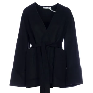 Cappotto nero in lana con scollo a V e fusciacca in vita