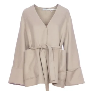 Cappotto kasha in lana con scollo a V e fusciacca in vita