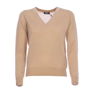 Maglia cammello in lana con scollo a V