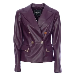 Blazer doppiopetto slim melanzana in tessuto spalmato