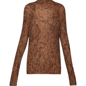 Maglia a collo alto cammello in misto lana stampata