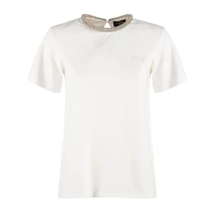 T-shirt “Dexter” avorio in cotone con strass sul collo