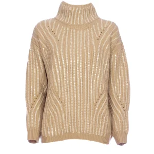 Maglia a collo alto “Minnie” cammello in lana e paillettes
