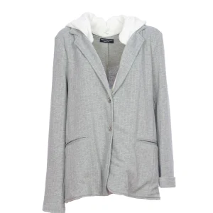 Giacca grigia gessata in felpa con cappuccio