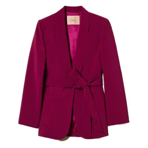 Giacca blazer viola con cintura e catena Oval T