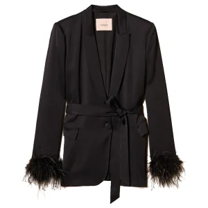 Giacca blazer nera in raso con piume