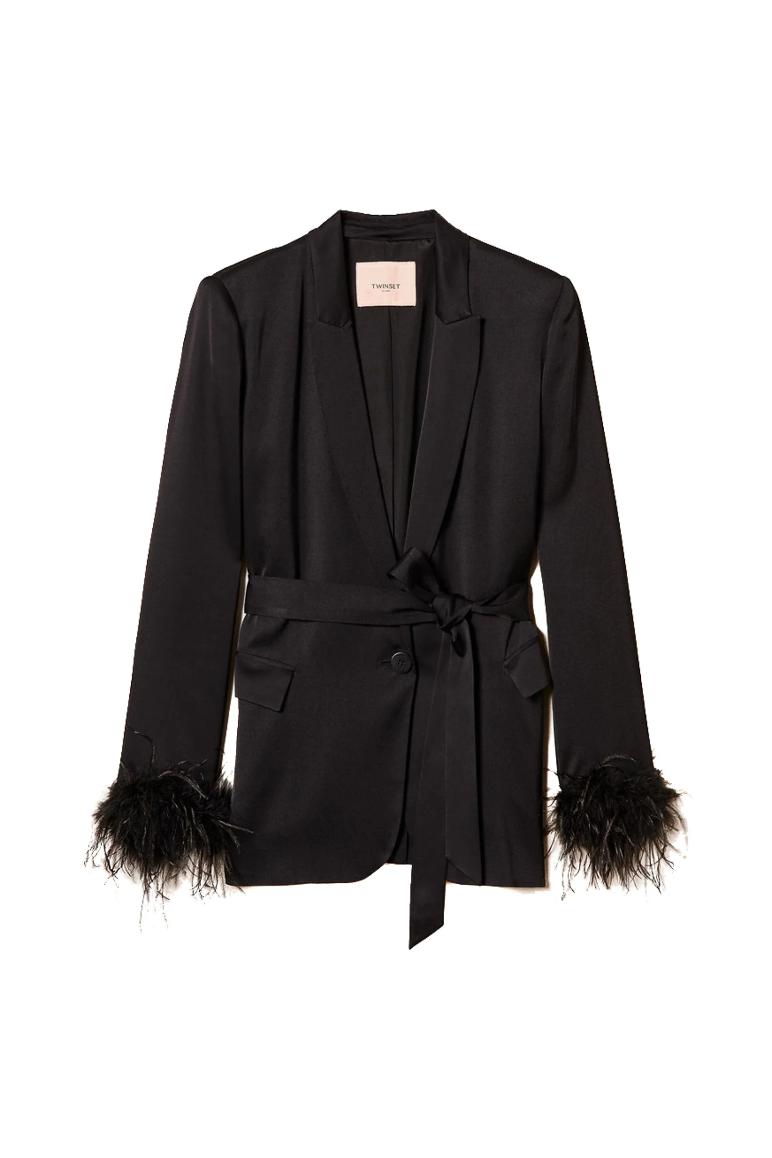 Giacca blazer nera in raso con piume