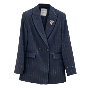 Giacca Doppiopetto blu scuro Gessata con Micropaillettes e Spilla Gioiello