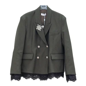 Giacca Doppiopetto Verde Gessato con Gioiello e pizzo