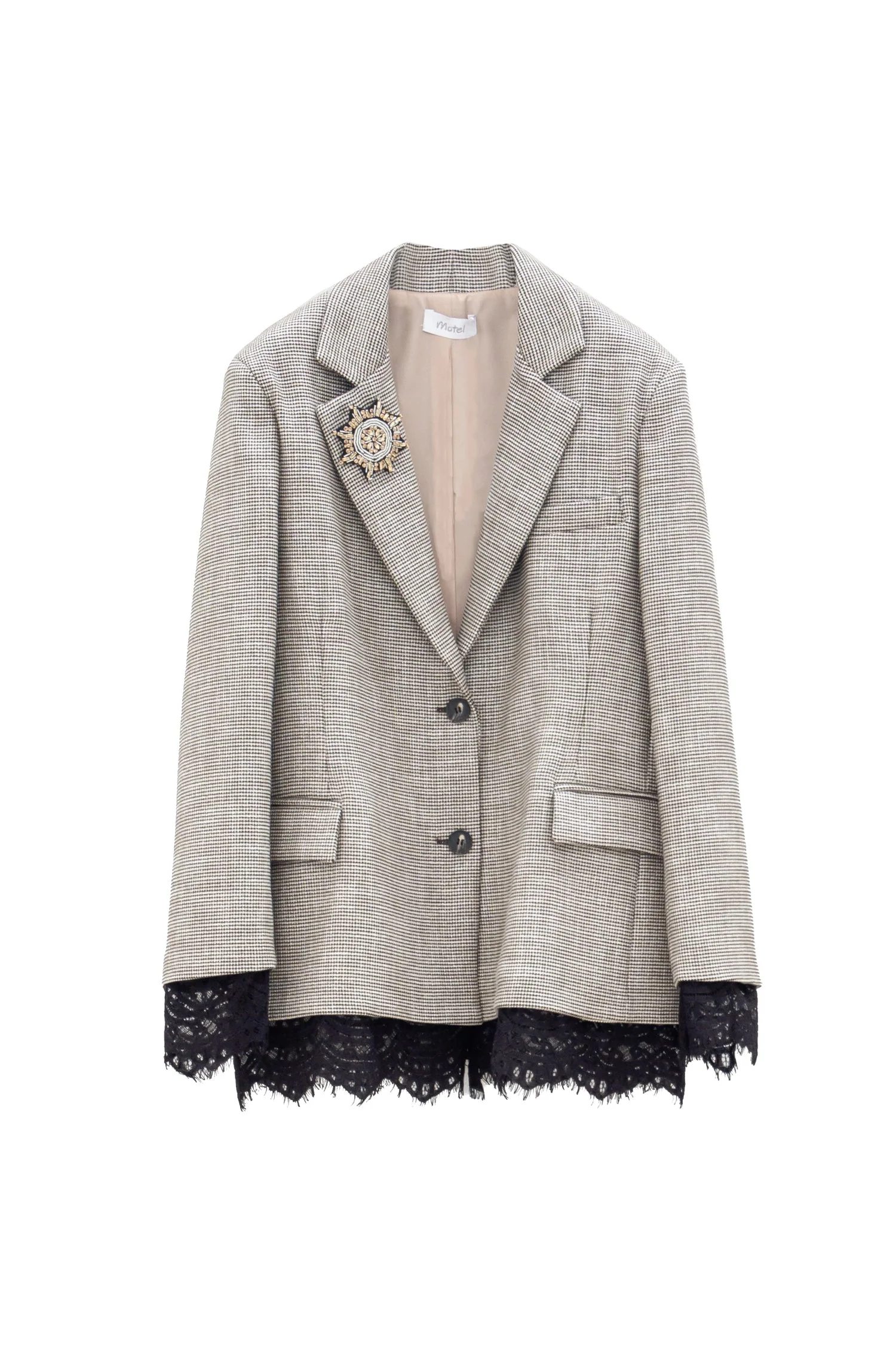 Giacca in Pied de Poule con Dettagli in Pizzo e gioiello - immagine 2