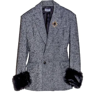 Giacca Grigia in Spina di Pesce con Dettagli in Pelliccia