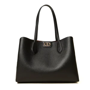 Borsa shopper bicolore nera e marrone con Oval T