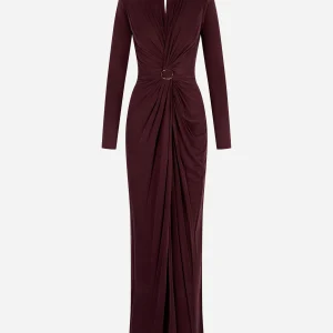 Abito Red Carpet in jersey cupro con drappeggi Bordeaux