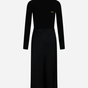 Abito in maglia a costine e raso con taschino Nero