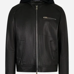 Biker slim in pelle con cappuccio Nero