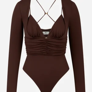 Body in jersey crepe con drappeggi Marrone