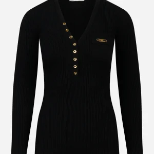 Maglia a costine con taschino Nera