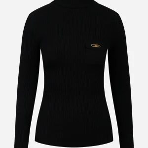 Maglia a costine con taschino Nera