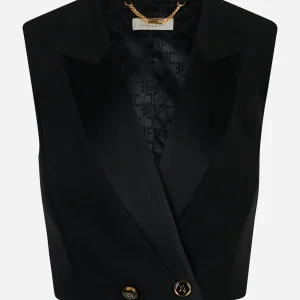 Gilet in crepe con rever in raso Nera