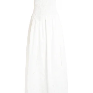 Abito bianco senza maniche lungo in cotone con ricamo