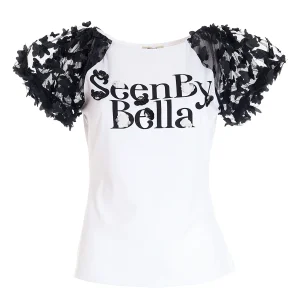 T-shirt regular in jersey con maniche in tulle ricamato