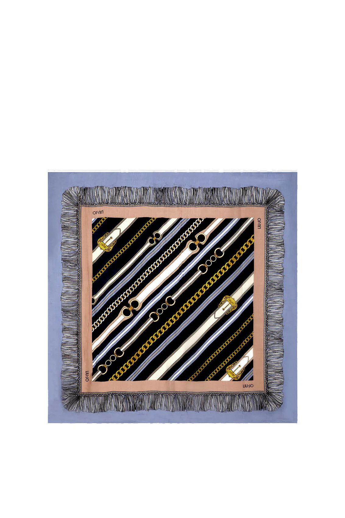 Foulard blu ecosostenibile in chiffon con stampa cinte e catenine